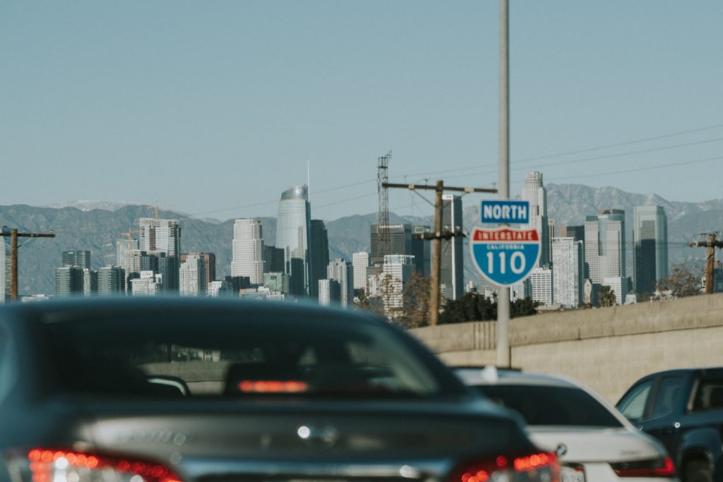 traffic in the middle of the I-110 towards Downtown Los Angeles