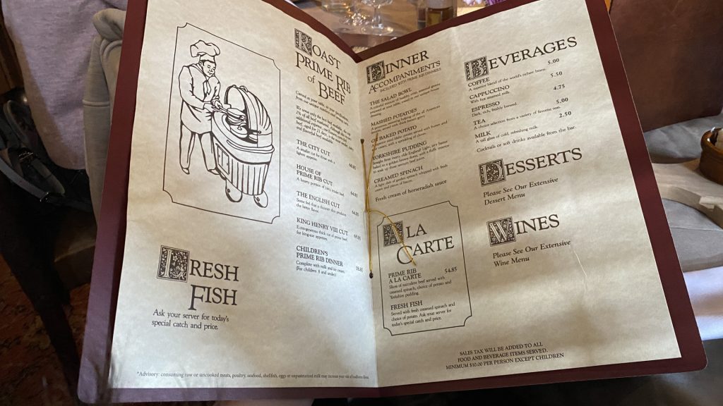House of Prime Rib Menu (Photo Credit: Kat Tu)